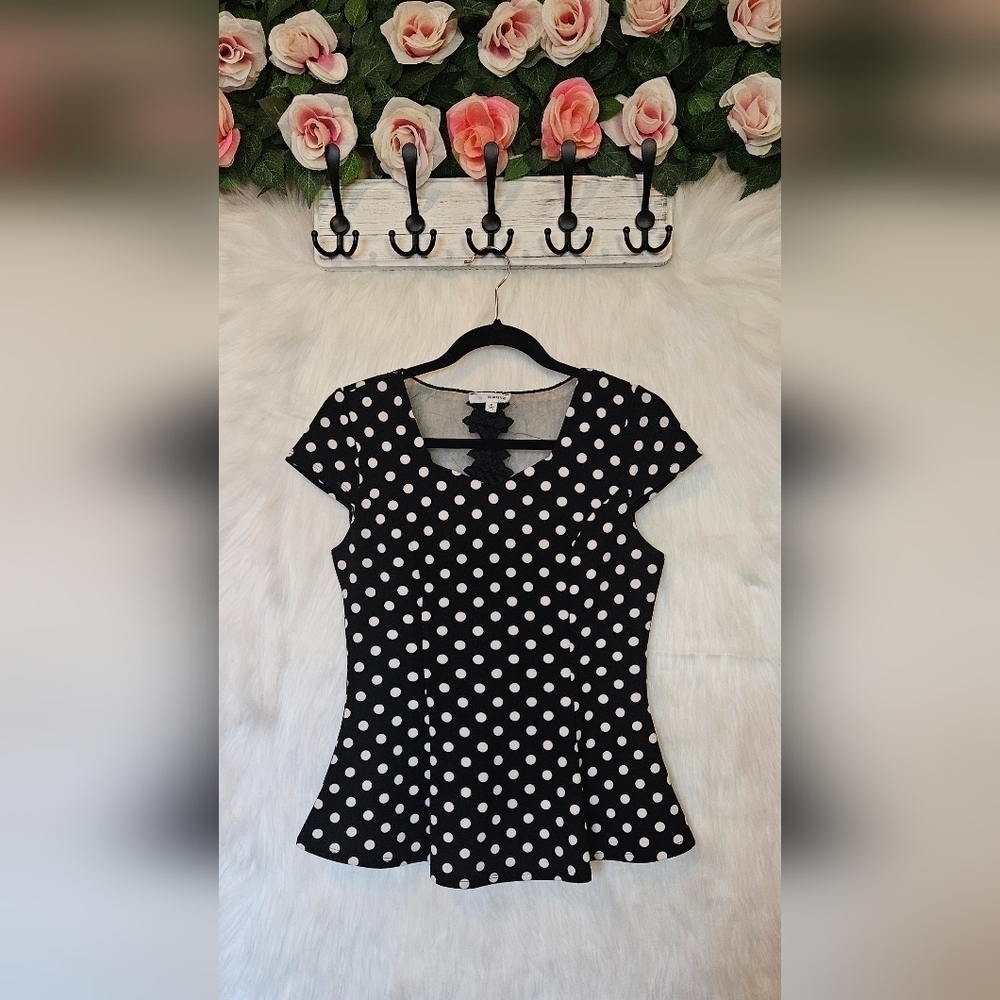 Mauve Retro Polka Dot, Lace & Mesh Peplum Blouse